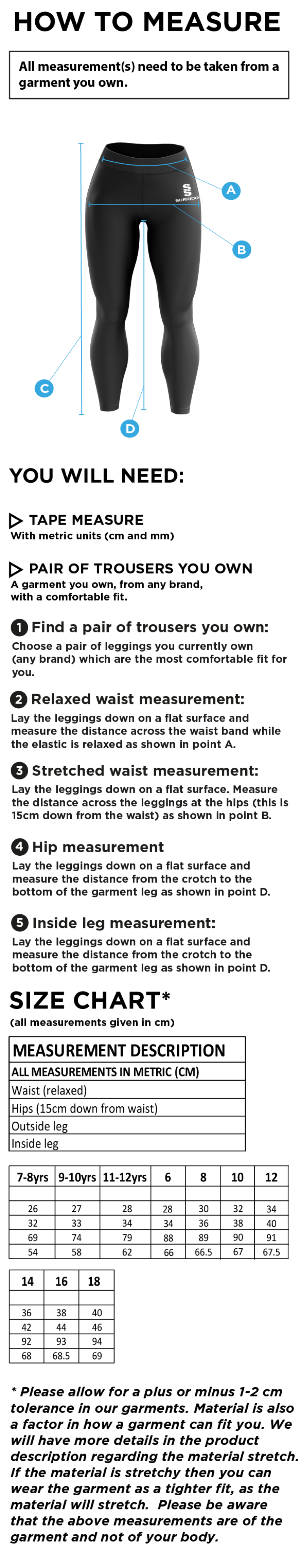 Derby High School Full Length Leggings Navy - Size Guide