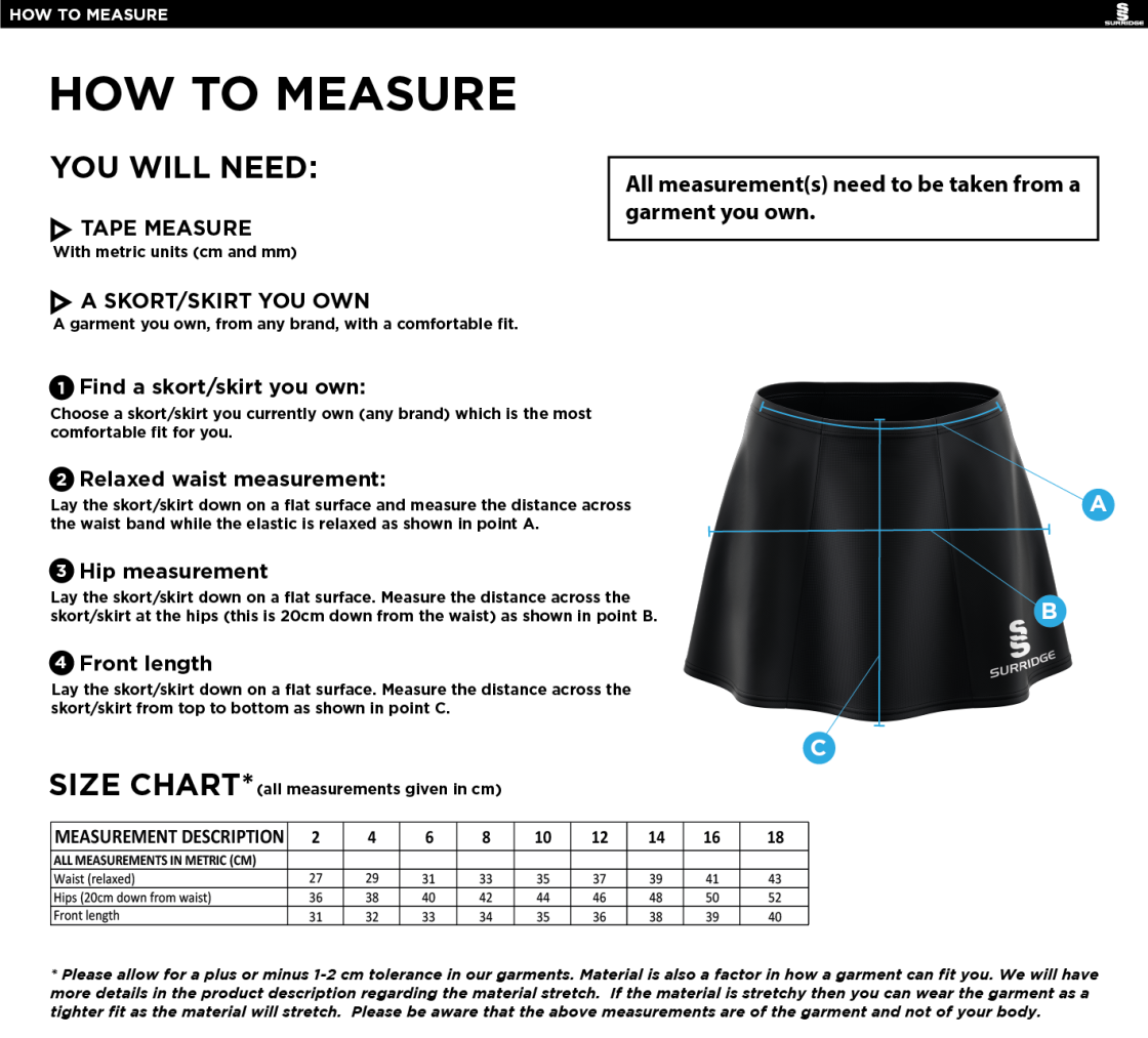 Derby High School Skort Navy - Size Guide