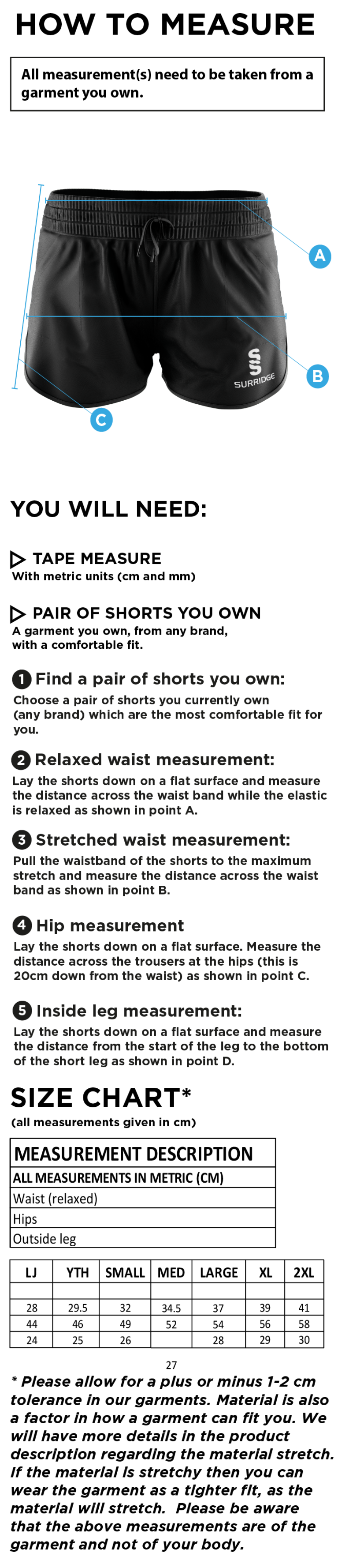 Derby High School Ladies Active Shorts - Size Guide