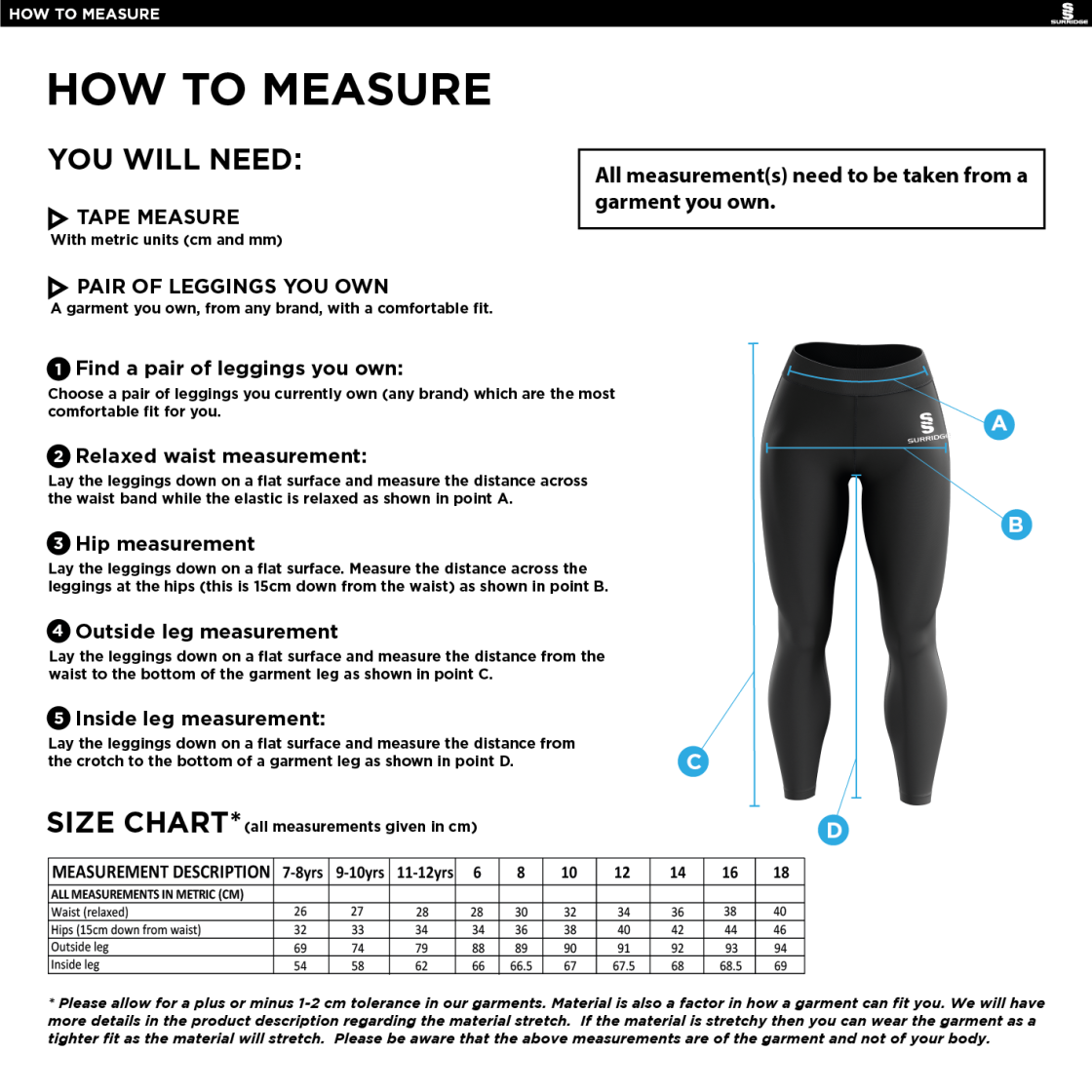 Derby High School Full Length Leggings Navy - Size Guide