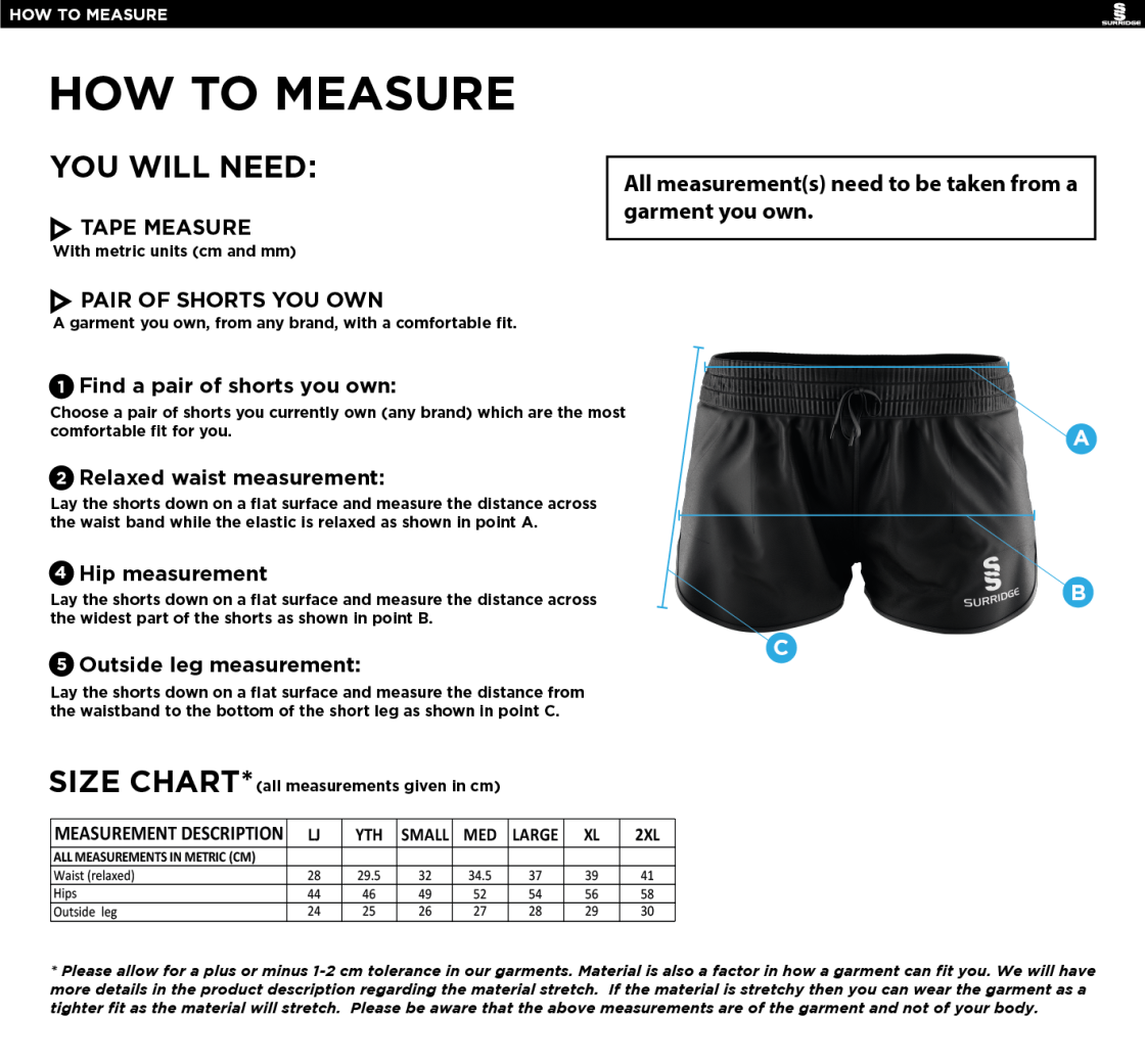 Derby High School Ladies Active Shorts - Size Guide