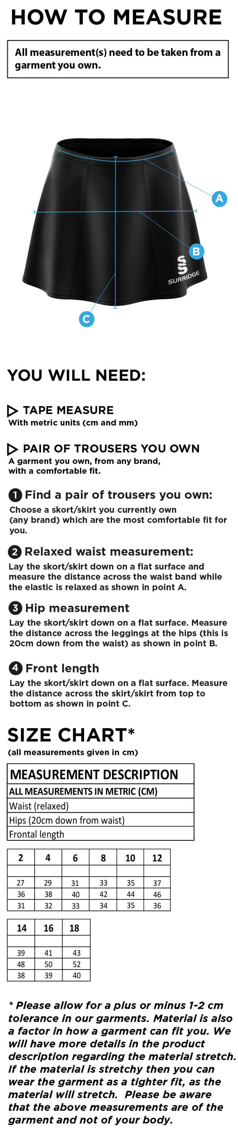 Derby High School Skort Navy - Size Guide